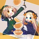  abigail_williams_(fate/grand_order) bangs beret black_bow black_hat blonde_hair blue_eyes bow commentary_request fate/grand_order fate_(series) food forehead gloves hair_bow hat long_hair multiple_girls open_mouth orange_bow overalls pancake parted_bangs paul_bunyan_(fate/grand_order) short_hair sleeves_past_wrists ume_(pickled_plum) yellow_eyes 