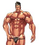  1boy bara male_focus muscle rabbit_(pixiv744412) smile solo tagme tan tanline undressing 