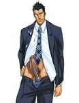  1boy bara cum erection male_focus muscle necktie penis presenting rabbit_(pixiv744412) solo suit tagme testicles undressing 