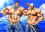  2boys abs bara beach crotch male_focus multiple_boys muscle outdoors pecs pokemon presenting rabbit_(pixiv744412) smile tagme water 