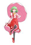  &gt;:) alphes_(style) ascot bangs black_legwear breasts closed_mouth collared_shirt dairi dress_shirt eyebrows eyebrows_visible_through_hair flower frilled_ascot frilled_skirt frills full_body green_hair hair_between_eyes high-waist_skirt highres holding holding_umbrella index_finger_raised kazami_yuuka leg_up long_skirt looking_at_viewer mary_janes open_clothes open_vest pantyhose parody plaid plaid_vest red_eyes red_footwear red_skirt red_vest shirt shoes short_hair skirt small_breasts smile solo style_parody touhou transparent_background tsurime umbrella v-shaped_eyebrows vest white_shirt white_umbrella yellow_neckwear 