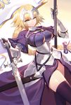  armor armored_dress blonde_hair blue_eyes braid breasts calder dutch_angle fate/apocrypha fate_(series) gradient gradient_background headpiece highres jeanne_d'arc_(fate) jeanne_d'arc_(fate)_(all) large_breasts long_braid long_hair planted_sword planted_weapon single_braid skindentation smile standard_bearer sword thighhighs thighs walking weapon 