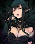  adjusting_hair angry armor bangs bare_shoulders black_hair breasts cleavage cleavage_cutout detached_sleeves elf fate/apocrypha fate_(series) frilled_sleeves frills highres large_breasts long_hair open_mouth pointy_ears semiramis_(fate) serious slit_pupils solo teeth upper_body walzrj wrist_cuffs yellow_eyes 