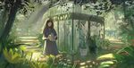  bad_id bad_pixiv_id blue_dress blurry blurry_foreground blush brown_eyes brown_hair closed_mouth dappled_sunlight depth_of_field dress flower grass holding light_particles long_sleeves looking_at_viewer nature original outdoors plant potted_plant red_flower reido_(reido_c) solo stairs standing sunlight watering_can yellow_flower 