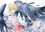  black_feathers black_wings blonde_hair blue_eyes daitengu fan hiroshiko_awasan holding holding_fan long_sleeves looking_to_the_side male_focus onmyoji solo traditional_media upper_body watercolor_(medium) wings 