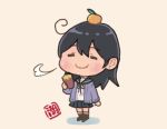  1girl ahoge alternate_costume black_hair chibi commentary_request eyes_closed food food_on_head fruit fruit_on_head full_body hair_between_eyes holding holding_food kantai_collection long_hair long_sleeves mandarin_orange object_on_head otoufu pleated_skirt school_uniform serafuku shadow skirt smile solo standing sweater sweet_potato translation_request yellow_background 