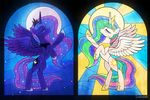  2017 black_border border cosmic_hair crown cutie_mark duo equine eyelashes eyes_closed eyeshadow feathered_wings feathers female friendship_is_magic full-length_portrait hair horn krrrokozjabrra makeup mammal mascara moon multicolored_hair my_little_pony portrait pose princess_celestia_(mlp) princess_luna_(mlp) royalty sibling sisters sparkles spread_wings stained_glass star sunlight window winged_unicorn wings 