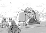  armor bar beer drink greyscale helmet imperial_guard lutherniel monochrome multiple_boys power_armor space_marines warhammer_40k 