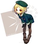  beret blonde_hair blush boots commentary_request fate/grand_order fate_(series) gloves hat overalls pantyhose paul_bunyan_(fate/grand_order) short_hair smile solo ume_(pickled_plum) yellow_eyes 