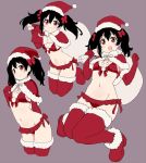  1girl bag bangs black_hair boots bow bra breasts christmas front-tie_bra fur_trim gloves hair_bow hair_ornament hat highres kurokawa_makoto looking_at_viewer love_live! midriff navel open_mouth panties red_bow red_bra red_eyes red_legwear red_panties sack santa_bikini santa_costume santa_hat shawl side-tie_panties small_breasts smile stockings thighhighs twintails underwear yazawa_nico 