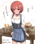  alcohol alternate_costume apron barmaid beer blue_apron blush breasts brown_eyes brown_hair collarbone commentary_request corset dated dirndl embarrassed food german_clothes giraffe_(ilconte) highres kantai_collection looking_at_viewer oktoberfest pretzel puffy_short_sleeves puffy_sleeves short_hair short_sleeves small_breasts solo translation_request twitter_username underbust waist_apron waitress z3_max_schultz_(kantai_collection) 