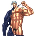  1boy bara foreskin male_focus muscle penis rabbit_(pixiv744412) scar silver_hair solo tagme tattoo undressing 