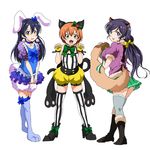  absurdres animal_costume animal_ears bangs blue_hair bunny_costume bunny_ears cat_costume cat_ears closed_mouth commentary_request hair_between_eyes hair_ornament highres hoshizora_rin lily_white_(love_live!) long_hair looking_at_viewer love_live! love_live!_school_idol_festival love_live!_school_idol_project multiple_girls open_mouth orange_hair paw_pose purple_hair ribbon shogo_(4274732) short_hair simple_background smile sonoda_umi standing striped striped_legwear tanuki_costume thighhighs toujou_nozomi twintails wavy_mouth white_background yellow_eyes 
