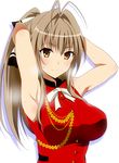  aiguillette amagi_brilliant_park antenna_hair arm_up armpits bangs bare_arms bare_shoulders black_skirt blush breasts brown_eyes brown_hair commentary_request eyebrows_visible_through_hair frilled_skirt frills hair_between_eyes hair_intakes hair_ribbon hera_(hara0742) highres large_breasts long_hair looking_at_viewer miniskirt open_mouth red_shirt ribbon sento_isuzu shirt simple_background skirt sleeveless sleeveless_shirt smile solo sweat upper_body white_background 