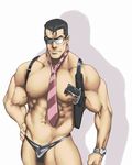  1boy bara glasses gun male_focus muscle necktie pecs rabbit_(pixiv744412) smile solo tagme topless weapon 