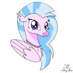  avian chest_tuft female hair headshot hippogryph jewelry looking_at_viewer ms_paint my_little_pony signature silver_stream_(mlp) simple_background smile solo speedy1369 tuft white_background wings 