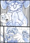  bare_shoulders blush body_writing breasts breasts_apart cleavage closed_eyes comic embarrassed fairy_tail happy_(fairy_tail) japanese_clothes large_breasts lucy_heartfilia mashima_hiro monochrome naked_towel natsu_dragneel navel nude open_mouth prank sharp_teeth sleeping stomach sweat teeth towel 