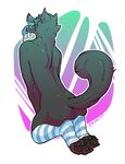  black_fur blue_eyes blue_tongue butt canine clothing fur kneeling legwear looking_back male mammal mostly_nude open_mouth pawpads rear_view rokemi saliva saliva_string simple_background strandwolf thigh_highs tongue tongue_out wolf 