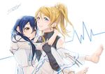  ayase_eli bangs barefoot black_gloves blonde_hair blue_eyes blue_hair blush carrying commentary_request fingerless_gloves flower gloves hair_between_eyes hair_flower hair_ornament long_hair love_live! love_live!_school_idol_festival love_live!_school_idol_project multiple_girls open_mouth ponytail princess_carry scrunchie signature simple_background sleeveless smile sonoda_umi suito vietnamese_dress white_background white_scrunchie yellow_eyes 
