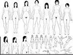  arms_behind_head arms_up black_eyes black_hair breasts breasts_apart clenched_hands closed_eyes commentary_request frown futoshi_slim greyscale large_breasts long_hair looking_at_viewer medium_breasts moderate_pubic_hair monochrome multiple_girls nude original pose pubic_hair pussy short_hair sketch small_breasts smile 