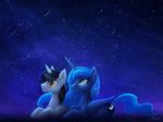  2017 black_hair brown_eyes cosmic_hair cute cutie_mark duo equine eyelashes eyeshadow fan_character feathered_wings feathers female friendship_is_magic grass hair horn krrrokozjabrra lying makeup male mammal mascara my_little_pony night night_sky open_mouth open_smile outside princess_luna_(mlp) smile star stargazing teal_eyes unicorn winged_unicorn wings 