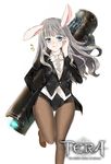  animal_ears artist_request black_coat black_legwear black_leotard blue_eyes bow bowtie bunny_ears bunnysuit closed_mouth coat copyright_name elin_(tera) hand_on_own_face hug huge_weapon leg_lift leotard long_hair pantyhose shirt shoes silver_hair smile solo standing standing_on_one_leg tera_online thigh_gap weapon white_shirt 