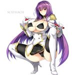  aiguillette alternate_costume bangs black_bikini_top black_legwear black_panties black_skirt blush boots breasts breasts_outside buttons character_name commentary_request crotch epaulettes fate/extella fate/extella_link fate/extra fate/grand_order fate_(series) hair_between_eyes harukon_(halcon) high_heel_boots high_heels highres jacket knee_boots large_breasts long_hair looking_at_viewer military_jacket open_clothes open_jacket panties pleated_skirt purple_hair red_eyes riding_crop scathach_(fate)_(all) scathach_(fate/grand_order) simple_background skirt smile solo squatting thighhighs thighs underwear white_background white_footwear white_jacket 