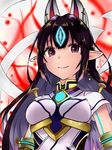  animal_ears aura black_hair blush dark_aura japanese_clothes kasane_(xenoblade) long_hair looking_at_viewer mask misoduke1821 red_eyes simple_background smile solo white_background xenoblade_(series) xenoblade_2 