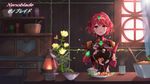  blush breasts chopsticks fingerless_gloves food gloves homura_(xenoblade_2) jewelry large_breasts looking_at_viewer open_mouth red_eyes red_hair short_hair smile solo tiara window xenoblade_(series) xenoblade_2 yoruciel 