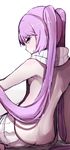  backless_outfit bad_id bad_pixiv_id bare_back bare_shoulders breasts butt_crack closed_mouth dress euryale fate/grand_order fate_(series) highres long_hair looking_at_viewer looking_back meme_attire naked_sweater no_bra no_panties purple_eyes purple_hair ribbed_sweater sideboob sitting small_breasts smile solo sweater sweater_dress turtleneck turtleneck_sweater twintails very_long_hair virgin_killer_sweater wada_kazu white_background white_sweater 