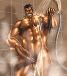  bara bathroom erection male_focus muscle nude penis rabbit_(pixiv744412) shower smile solo tagme teeth water wet 