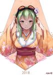  adjusting_headphones blush commentary donggua_bing_cha floral_print flower goggles goggles_on_head green_eyes green_hair grin gumi hair_flower hair_ornament headphones japanese_clothes kimono light_green_hair new_year orange_kimono short_hair_with_long_locks smile solo upper_body vocaloid 