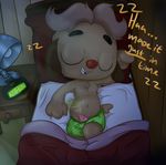  2018 anthro bed canine clothed clothing cub digital_media_(artwork) erection fur hair lying male mammal nipples on_bed open_mouth partially_clothed peeing penis pillow playkids polygon5 sleeping smile solo timmy urine watersports young 