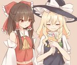  :o ascot blonde_hair blouse blush bow braid breasts brown_hair check_commentary commentary commentary_request crepe detached_sleeves eating food food_on_face frilled_shirt_collar frills hair_bow hair_ribbon hair_tubes hakurei_reimu half_updo happy hat hat_bow hat_ribbon kirisame_marisa large_bow long_hair long_sleeves marisuku multiple_girls navel puffy_short_sleeves puffy_sleeves red_eyes ribbon ribbon-trimmed_sleeves ribbon_trim short_sleeves side_braid single_braid skirt skirt_set small_breasts smile touhou vest wide_sleeves witch_hat 