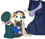  abigail_williams_(fate/grand_order) babe_(fate) bangs beret black_bow black_dress black_hat blonde_hair blue_eyes bow candy caster_(fate/zero) commentary_request dress fate/grand_order fate_(series) food forehead gloves hair_bow hat holding holding_stuffed_animal lollipop long_hair multiple_girls orange_bow overalls pantyhose parted_bangs paul_bunyan_(fate/grand_order) polka_dot polka_dot_bow short_hair sleeves_past_wrists stuffed_animal stuffed_toy ume_(pickled_plum) yellow_eyes 