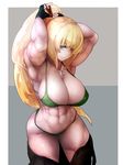  abs adjusting_hair armpits arms_up bangs bikini blonde_hair blue_eyes breasts commentary_request dog_tags dragunov_(metal_slug) fingerless_gloves gloves green_bikini highres large_breasts long_hair loose_clothes metal_slug metal_slug_attack muscle muscular_female navel one-eyed pants_pull poini_(king-scarlet-dead) ponytail red_scrunchie scar scar_across_eye scrunchie scrunchie_removed shiny shiny_skin solo stomach swimsuit tying_hair 