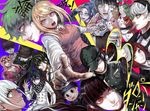  6+girls adjusting_hair ahoge akamatsu_kaede amami_rantarou bad_hands bangs baseball_cap beanie bear beard black_bow black_eyes black_hair black_hairband black_hat blonde_hair blue_eyes blue_hair blunt_bangs bow breasts brown_eyes chabashira_tenko cleavage closed_eyes closed_mouth covering_mouth cravat crazy_eyes danganronpa dark_skin double-breasted emblem everyone expressionless facial_hair forehead gakuran goggles goggles_on_head gokuhara_gonta green_eyes green_hair hairband hand_on_headwear harukawa_maki hat highres hoshi_ryouma iruma_miu keebo large_breasts lips long_hair long_sleeves looking_at_viewer mask medium_breasts momota_kaito monodam monofunny monokid monokuma monosuke monotarou_(danganronpa) mouth_hold multiple_boys multiple_girls musical_note_hair_ornament necktie new_danganronpa_v3 ouma_kokichi outstretched_arm pacifier pale_skin pink_eyes pink_sweater pointing pointing_at_viewer profile purple_eyes purple_skirt red_eyes red_hair red_neckwear saihara_shuuichi school_uniform sharp_teeth shinguuji_korekiyo shirogane_tsumugi sidelocks silver_hair skirt smile spiked_hair striped sweater sweater_vest teeth toujou_kirumi uniform urano_02 vertical_stripes yonaga_angie yumeno_himiko 