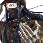  bandaged_hands bandages black_hair boots danganronpa hat long_hair looking_at_viewer looking_to_the_side male_focus mask new_danganronpa_v3 nochita_shin school_uniform shinguuji_korekiyo solo yellow_eyes 