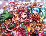  2boys 4girls alternate_costume beard blonde_hair blue_eyes blue_hair box breasts character_request christmas cleavage commentary decorating elbow_gloves english_commentary facial_hair facial_mark fang gift gift_box gloves gradient_hair grin hair_ornament happy_new_year height_difference highres league_of_legends lizard_girl lizard_tail long_hair maokai medium_breasts merry_christmas mittens multicolored_hair multiple_boys multiple_girls neeko_(league_of_legends) new_year orange_hair out_of_frame phantom_ix_row pink_skin poppy red_gloves red_hood santa_claus santa_costume sitting slit_pupils small_breasts smile snow_fawn_poppy sona_buvelle star star_hair_ornament sweatdrop tail thick_eyebrows twintails yordle 