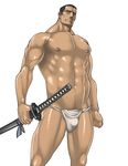  1boy abs bara bulge crotch male_focus muscle rabbit_(pixiv744412) solo sword tagme topless weapon 