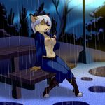  2018 anthro areola breasts claws clothed clothing evay eyes_closed fangs feline female hair lonbluewolf lynx mammal nipples open_mouth raining solo teeth tongue topless white_hair 