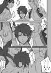  2boys 3koma arabian_clothes arguing armlet bare_shoulders breast_press breasts comic commentary crown detached_collar earrings elbow_gloves fate/grand_order fate_(series) fujimaru_ritsuka_(male) gilgamesh gilgamesh_(caster)_(fate) gloves greyscale hoop_earrings ishtar_(fate/grand_order) jewelry long_hair metarogu monochrome multiple_boys neck_ring no_nipples open_mouth pecs_press single_elbow_glove small_breasts two_side_up 