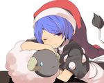  animal blue_eyes blue_hair doremy_sweet dress hasebe_yuusaku hat light_smile looking_at_viewer lying nightcap one_eye_closed pom_pom_(clothes) red_hat sheep short_sleeves simple_background sketch solo tail tapir_tail touhou white_background 