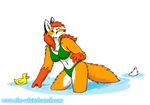  2016 4_fingers anthro bikini canine chest_tuft clothing dipstick_tail doc_nickel female fox fur gloves_(marking) green_eyes hair inner_ear_fluff looking_back mammal markings multicolored_tail navel partially_submerged red_hair rubber_duck sandy_(the_whiteboard) simple_background solo swimsuit the_whiteboard tuft water webcomic wet wet_fur white_background 