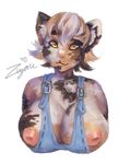  anthro big_breasts breasts clothing feline female fur hair looking_at_viewer mammal nipples overalls simple_background smile solo white_background ziyane 