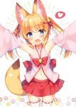 :d animal_ear_fluff animal_ears arms_up bell blue_eyes blush bow commentary_request detached_sleeves eyebrows_visible_through_hair fang floral_background fox_ears fox_tail hair_bell hair_ornament hair_ribbon hairclip heart jingle_bell kemomimi_oukoku_kokuei_housou long_hair looking_at_viewer mikoko_(kemomimi_oukoku_kokuei_housou) navel open_mouth outstretched_arms red_skirt ribbon ribbon-trimmed_legwear ribbon_trim sazaki_ichiri simple_background skirt smile solo spoken_heart tail thighhighs twintails virtual_youtuber white_background white_legwear wide_sleeves 