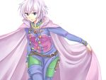  blue_eyes boots breasts cape capelet cleavage commentary_request katrina_(romancing_saga) medium_breasts migime1 purple_hair romancing_saga_3 saga short_hair smile solo thigh_boots thighhighs 