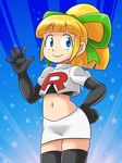  1girl absurdres blonde_hair blue_eyes cosplay crop_top gloves highres midriff navel pencil_skirt pokemon ponytail rockman roll skirt smile solo stomach team_rocket team_rocket_(cosplay) thighhighs 