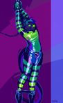  abstract_background anthro bdsm bondage bound bulge clothed clothing digital_drawing_(artwork) digital_media_(artwork) green_eyes green_nose hair harness headphones male mammal mustelid otter rubber shiny simple_background solo stripes text turbinedivinity 