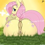  2018 aer0_zer0 anatomically_correct anatomically_correct_pussy animal_genitalia animal_pussy anus blush butt clitoris cutie_mark dock equine equine_pussy feathered_wings feathers female fluttershy_(mlp) friendship_is_magic grass hair hi_res long_hair looking_at_viewer looking_back mammal my_little_pony pegasus pink_hair pussy rear_view solo wings 